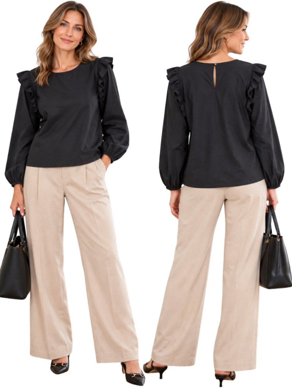 J. Crew Cotton Poplin Top With Ruffles Women's XL Black Minimalist Career NWT